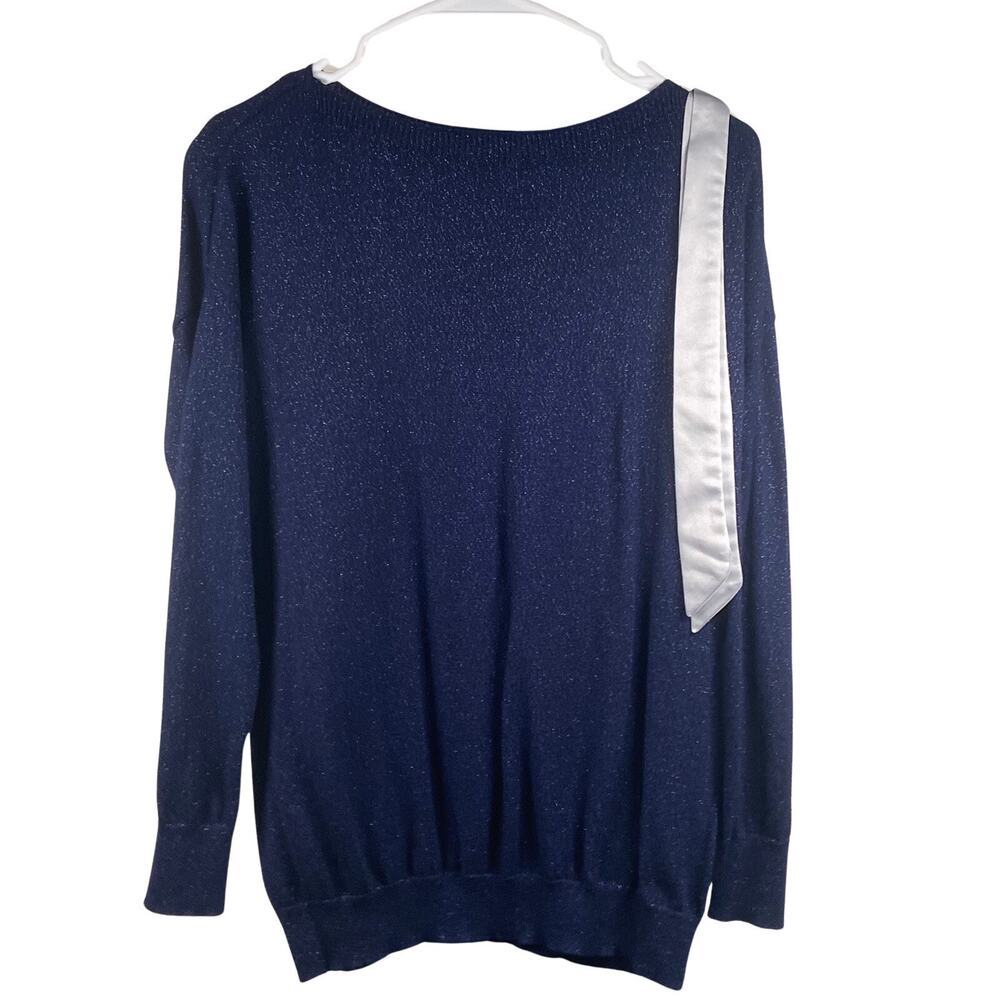 Laura Conrad Metalic Blue Pullover Sweater Size S Ribbed Neck Hem Cuffs Ribbon